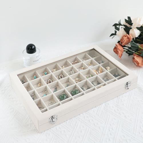 Wudygirl Large Jewelry Organizer Box with 40 Compartments Earring Holder Organizer Velvet Ring Display and Necklace Storage Tray Jewelry Box for Women (Beige Velvet) - color: Beige, size: 40 Grid