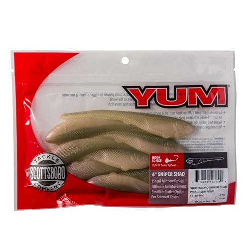 YUM Sniper Shad Soft Plastic – Realistic Minnow Bass Fishing Lure, Jig Head & Underspin Trailer, 3” 4” 5” Sizes, Multiple Colors - color: Pro Green Pearl, size: 4"