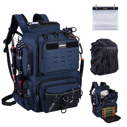Goture Fishing Backpack,900D Water-Resistant Tackle Backpack with Rod Holders, SBS Zippers,45L Large Fishing Bag Storage Gear Tackle Bag with Rain Cover, Bottle Holder for Travel Camping Hiking - color: A1:Blue(Only Bag), size: Without Tackle Boxes