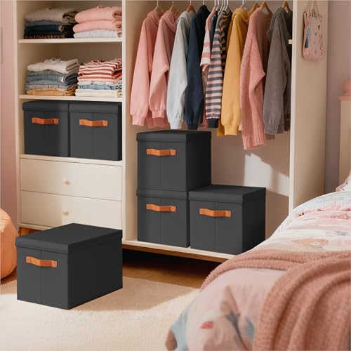Homsorout Storage Bins with Lids - Fabric Storage Baskets for Shelves, 4 Pack Foldable Decorative Boxes with Handles, Stackable Organizer Bins for Home, Nursery, Dorm, Black - color: Black, size: L(4-Pack)
