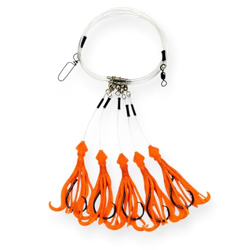 End Game Tackle Deep Drop Rig – Made in USA – New Super Stretch Glow Squid – NOAA Compliant Non-Offset Circle Hooks for Bottom Fishing - color: Orange Glow, size: 6/0 – 5 Hook