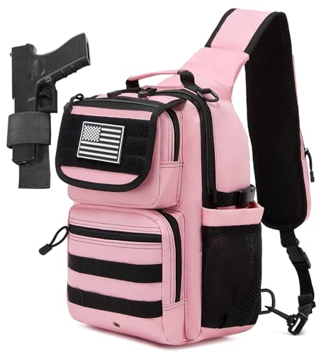 Tactical Sling Crossbody Bag Holster Shoulder Backpack 15L Water Bottle Holder Radio Pouch 6 Elastic Slots for Men Women Hiking Hunting Shooting - color: Pink