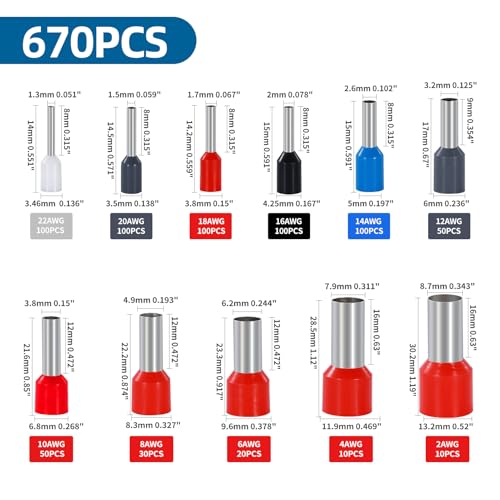 11 Sizes Wire Ferrule Kit Crimp Ferrule Connectors Insulated Pin Cord End Terminal AWG(22 20 18 16 14 12 10 8 6 4 2) Gauge - style: 22-2AWG 670P