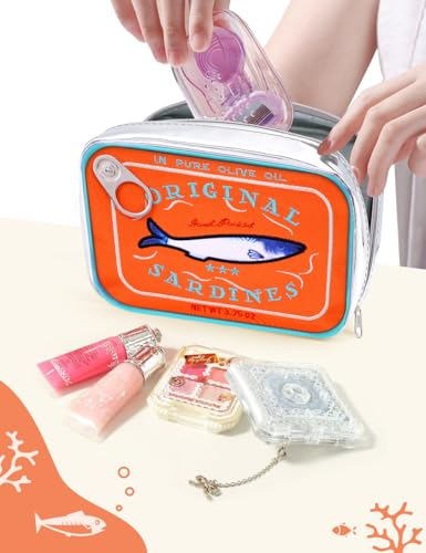 Cessfle Canned Sardines Makeup Bag, Funny Sardine Tin Fish Cosmetic Bag, Creative Cute Makeup Bag Kawaii Pencil Case Pouch, Coquette Make up Pouch for Women… - color: Orange mix Blue
