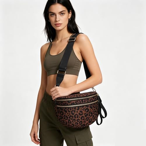 Checkered Crossbody Bum Bags for Women Nylon Checkered Purse Checkerboard Fanny Pack - color: E01-Leopard Khaki