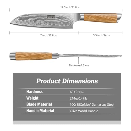 HOSHANHO Damascus Santoku Knife 7 Inch, Professional Japanese Damascus Super Steel Kitchen Knife, Sharp Cooking Knife with Durable Ergonomic Olive Wood Handle - style: 7.1 Inch Santoku Knife
