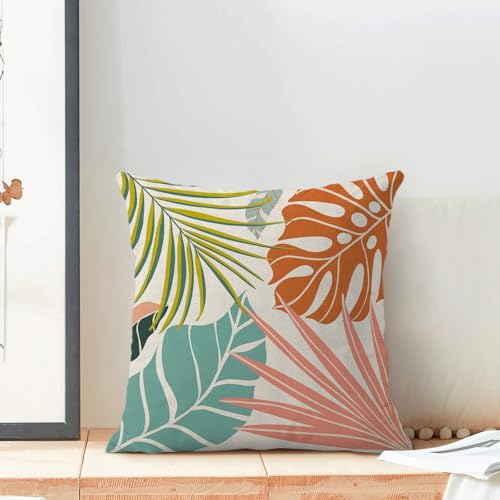 Summer Tropical Leaves Pillow Covers 16x16 Set of 2, Abstract Palm Leaf Outdoor Decorative Throw Pillows Geometric Cushion Case for Home Couch Sofa Decor - color: Summer Tropical Leaves, size: 16" x 16" (Pack of 1)