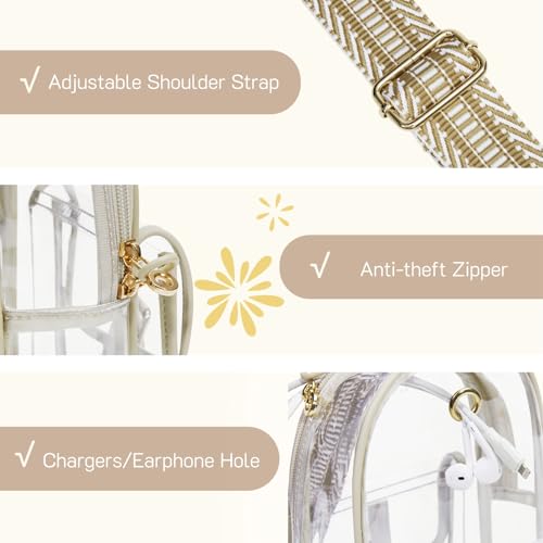 Missnine Anti-Theft Clear Sling Bag Clear Fanny Pack Stadium Approved Crossbody Bag Purse Trendy Heavy Duty Transparent Chest Bags with Guitar Strap for Concerts Sport Events - color: P-light Tan[anti-theft]