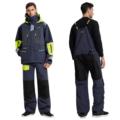 Men's PRO Waterproof Bib Pants for Sailing - Reinforced Knees & Hips for Offshore Fishing & Ocean Work - color: Navy Blue/Black, size: Large