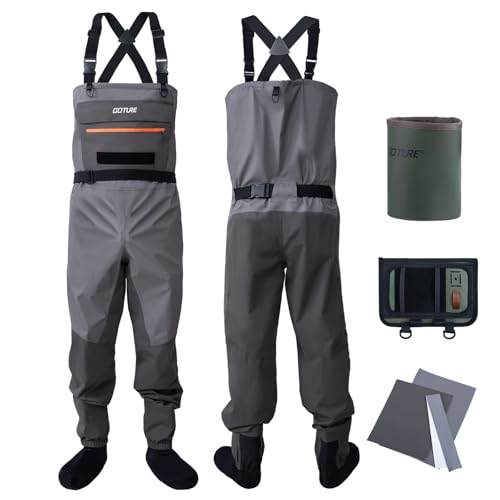 Goture 5-Layer Waterproof Stocking Foot Waders, Breathable Fly Fishing Waders for Men Women, Multiple Storage Pockets 5 Sizes - color: Gray With Bottle Holder - Gift Box Pack, size: XX-Large