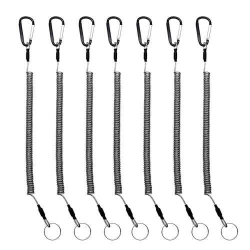 Fishing Lanyards, 7PCS Retractable Steel Wire Coiled Lanyard Safety Fishing Tool Ropes Accessories with Buckle Clip and Split Ring for Pliers Lip Grips Tackle, Boating, Kayak - color: Black