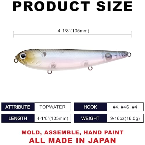 LUCKY CRAFT Sammy 105 Topwater Fishing Lures, 3 Hook, 4-1/8" Floating Freshwater Trout and Bass Lures, Walk-the-Dog Tournament Bait, Bass Fishing Gear and Tackle Box Accessories - color: 238 Ghost Minnow
