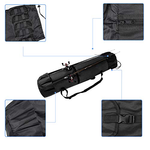 Allnice Durable Canvas Fishing Rod & Reel Organizer Bag Travel Carry Case Bag- Holds 5 Poles & Tackle - color: Black