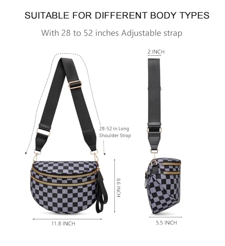 Pure Colour Crossbody Bum Bags for Women Spacious Checkered Cross body Bag Nylon Trendy Fanny Pack for Travel - color: Black Grey Checkered