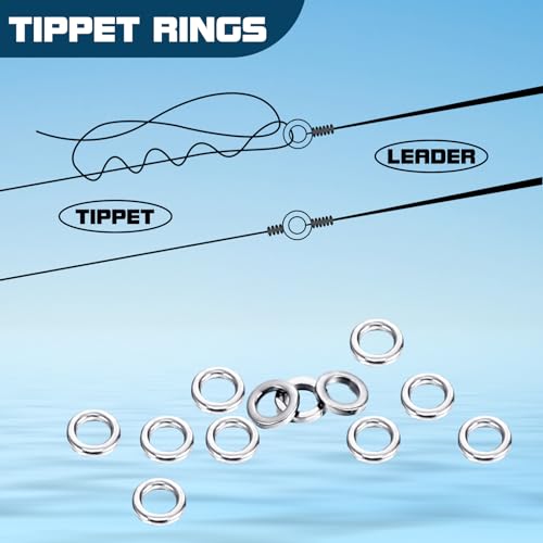 RoundFunny 100 Pcs Fly Fishing Tippet Rings 10 Lightweight Tippet Rings on a Clip Fly Fishing Trout Line Leaders Connectors 2mm 25lb