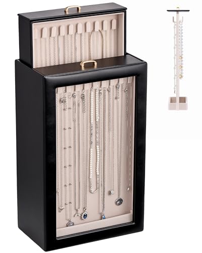 Lolalet Upgraded Double-Sided Hanging Necklace Organizer Box, Jewelry Display Case with Double-Sided Clear Window for Necklaces Bracelets, Tangle-Free Necklace Storage Box, Black, 2-Layer 40 Hooks - color: Black, size: 2-Layer, 40 Hooks