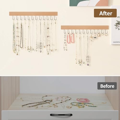 ZEDODIER 2 Pack Necklace Organizer Wall Mount, Wooden Jewelry Hanger Necklace Holder with 24 Hooks,Hanging Jewelry Organizer, Natural - color: Natural