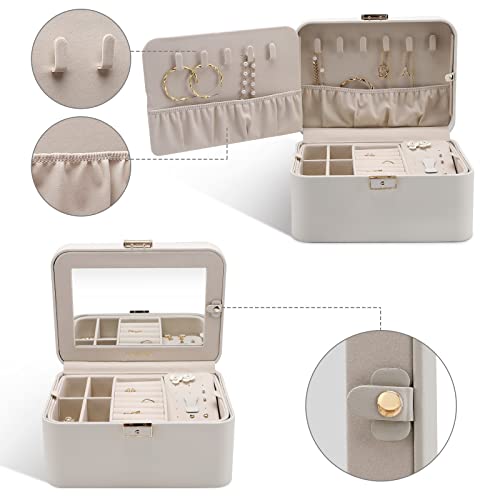 KAMIER Jewelry Box, 2 Layers PU Leather Jewelry Organizer Box, Large Capacity, Double Lock and Large Mirror, Hidden Necklace Hooks, Removable Dividers, Grey - color: Gray, size: mirror