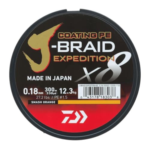 DAIWA J-Braid Expedition X8E, 300m, Smash Orange, Braided Fishing Line - size: 330yds / 58.3lbs