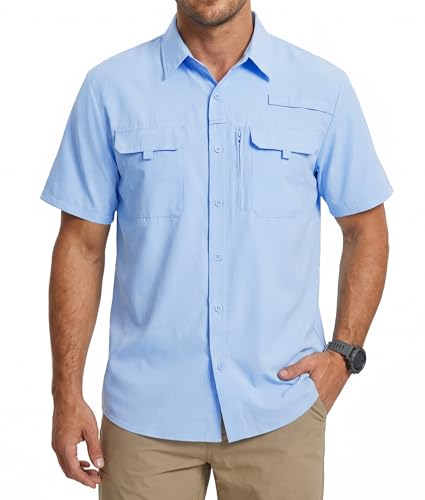 WULFUL Men's Sun Protection Fishing Shirts UPF 50+ Lightweight Quick Dry Cooling Short Sleeve Shirts for Work Hiking Safari - color: Light Blue, size: Large