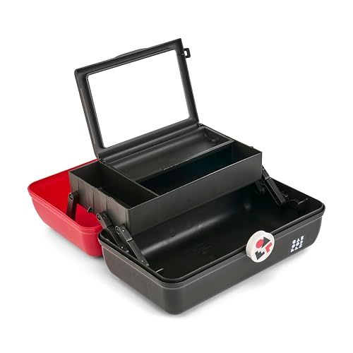 Caboodles School Spirit On-The-Go Girl Makeup Box, Red Over Black, Hard Plastic Makeup Organizer Box, Built-In Mirror, Secure Latch for Safe Travel, Spacious Storage for Large Items - color: Red Black School Spirit