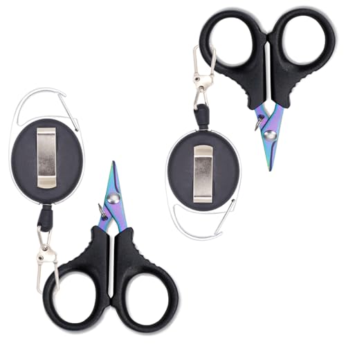 2 Piece Fishing Scissors for Braided Line Fishing Line Cutter Saltwater and Freshwater Portable Braided Line Cutter Stainless Steel with Titanium Coating Fishing with Retractable Coil Lanyards