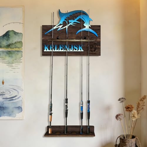 Personalized Fishing Rod Holder Wall Mount Custom Name Fishing Pole Rack for 6 Rods, Wooden Fishing Pole Rod Holders for Garage Storage Organizer Gifts for Men Women (6 Slots)
