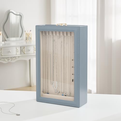 Lolalet Necklace Organizer Box, Jewelry Storage Box with Clear Window for Necklaces Bracelets, Tangle-Free Necklace Display Case for Women Girls, Dusty Blue, 2 Layers 20 Hooks - color: Dusty Blue, size: 2 Layers, 20 Hooks