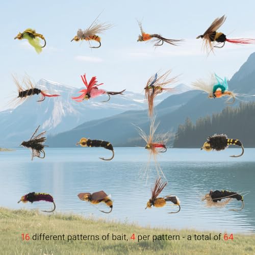 Fly Fishing Kit with Tackle Dry/Wet Fly Handcrafted Lures, Streamer for Trout, Bass, Salmon - color: 64pcs