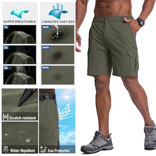 Jessie Kidden Mens Outdoor Casual Expandable Waist Lightweight Water Resistant Quick Dry Fishing Hiking Shorts - color: Army Green, size: 29