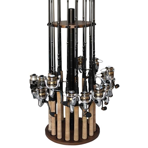 Rush Creek Creations 16 Rod Fishing Pole Holder - Round Floor Mount Rack with Clips for Garage Organization, Dark Walnut Wood - color: Dark Walnut