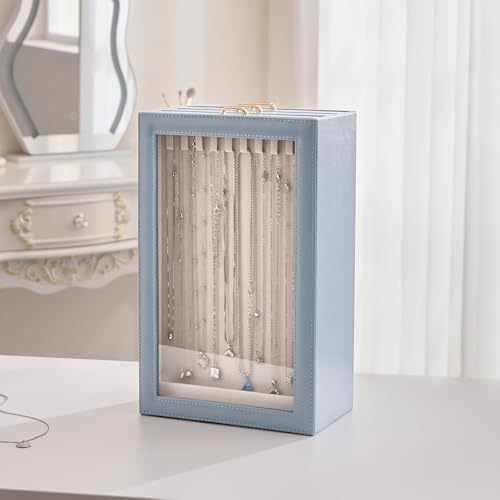 Lolalet Necklace Organizer Box, Jewelry Storage Box with Clear Window for Necklaces Bracelets, Tangle-Free Necklace Display Case for Women Girls, Dusty Blue, 3 Layers 30 Hooks - color: Dusty Blue, size: 3 Layers, 30 Hooks