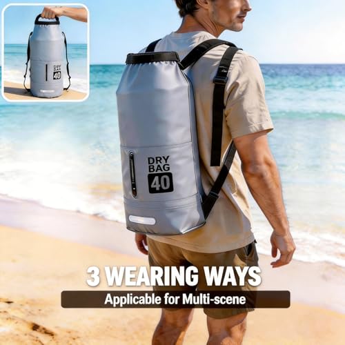 40L Waterproof Dry Bag - Floating Heavy Duty PVC Dry Sack - for Boating, Fishing & Beach - Backpack Style Waterproof Bag for Men & Women - color: Grey, size: 40L