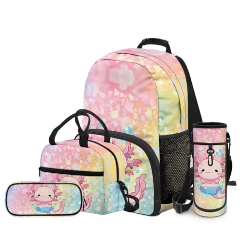 4 in 1 Kids Backpack Bookbag Set Cartoon Axolotl Backpacks School Bookbag with Lunch Box Bag and Pencil Bag Water Bottle Carrier Bag Set for Kids Teen Girls - color: Axolotl Print