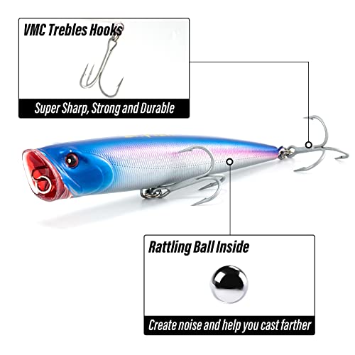 Dr.Fish Popper Saltwater Fishing Lures, 4/5.5 Inches GT Popper VMC Treble Hooks Surf Fishing Lures for Bass Striper Pike Salmon Offshore - color: Blue/Purple-1 Pack, size: 5.5"