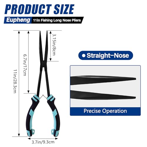 EUPHENG 11in Fishing Long Nose Pliers Carbon Steel Corrosion Resistant PTFE Coated Hook Remover Saltwater & Freshwater with Return Spring Needle Nose Pliers Straight & Bent Jaws for Bass Snook Trout - color: Orange（Straight Nose）