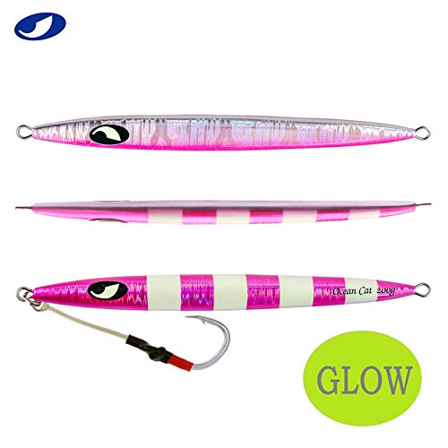 OCEAN CAT Slow Pitch Jig Flat Fall Jig Saltwater Fishing Luers Mental Vertical Jigging Baits with Hooks 5 Colors 4 Weights - color: #015:Pink, size: 8 5/6oz(250g)