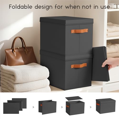 Homsorout Storage Bins with Lids - Fabric Storage Baskets for Shelves, 4 Pack Foldable Decorative Boxes with Handles, Stackable Organizer Bins for Home, Nursery, Dorm, Black - color: Black, size: L(4-Pack)