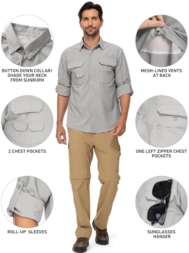 linlon Mens Safari Shirts Long Sleeve UV Protection Hiking Fishing UPF 50+ Quick Dry Cooling Camping Travel Shirts - color: Grey, size: Large