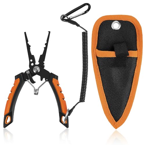 6.5 inch Fishing Pliers, 420 Stainless Steel Fishing Tools, Saltwater Resistant Fishing Gear, Tungsten Carbide Cutters,6.5'' Split Ring Nose, Orange