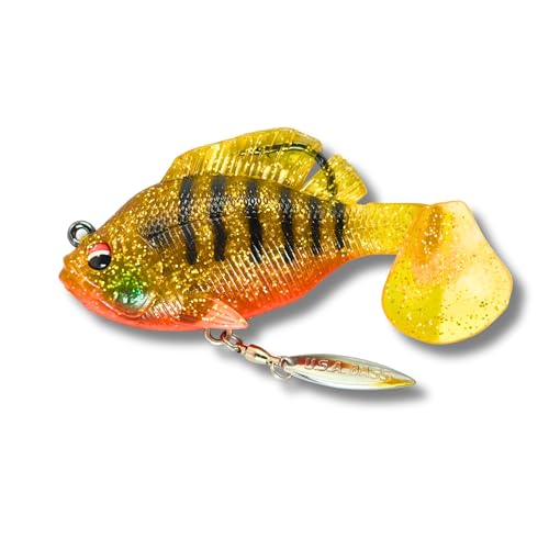 USA Bass Tackle - Hand Poured Underspin Gill - Weedless Gilly Paddletail Sleeper Swimbait with Bass-Tech Soft Plastic & Owner Mega Jig Hook Largemouth Smallmouth Spotted Bass - color: Sun Gill, size: 3/4