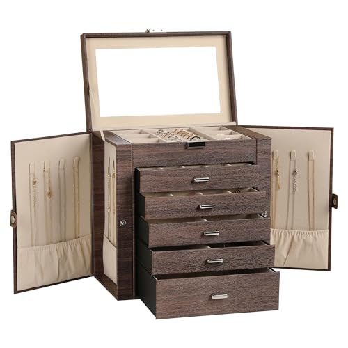 Frebeauty Large Jewelry Box,6-Tier PU Leather Jewelry Organizer,Multi-functional Storage Case with Mirror,Accessories Holder with 5 Drawers for Necklace Bracelets Watches(Tree Brown) - color: Tree Brown, size: Large