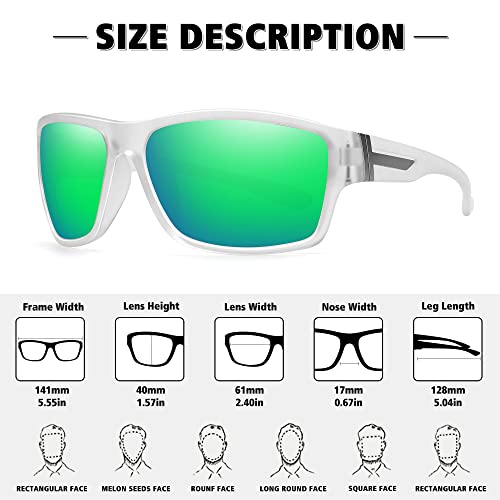 STORYCOAST Polarized Sports Sunglasses for Men Women Unbreakable Frame Cycling Fishing Driving - color: Matte Clear Frame-green Mirror Lens