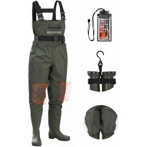 HUNTSEN Fishing Waders for Men Women - 2-Ply Nylon/PVC Waterproof Hunting Chest Waders with Boot Hanger&Phone Case, Size9-13 - color: Green, size: 10