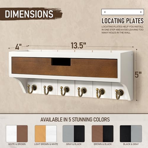 Rebee Vision Farmhouse Pine Wood Key Holder Wall Mount with Drawer Organizer – Decorative Mail Organizer with 6 Key Hooks & Wall Shelf – Home Organization and Room Decor (White & Retro Brown) - color: White & Brown, style: 1-Drawer