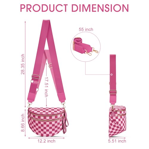 Checkered Nylon Crossbody Bag Bum Bag for Women Mom Large Checkered Fanny Packs with Adjustable Strap - color: Rose Checkered
