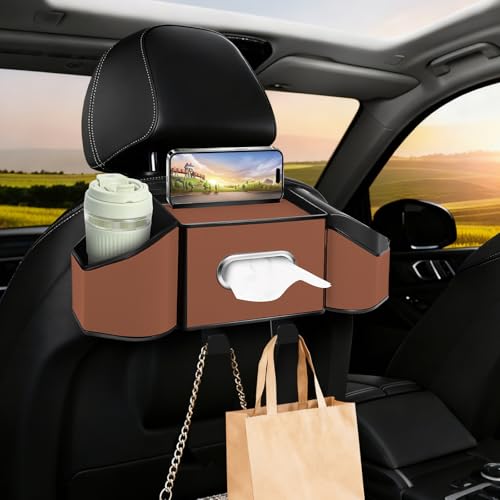 7-In-1 Car Seat Back Organizer with Cup Holders, Tissue Box, Garbage Can&Hooks, Multifunctional Headrest Storage Organizer, Headrest Cup Holder for Backseat, Car Accessories for Trips, Travels(Brown) - color: Brown