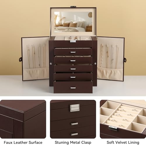 Frebeauty Large Jewelry Box,6-Tier PU Leather Jewelry Organizer,Multi-functional Storage Case with Mirror,Accessories Holder with 5 Drawers for Necklace Bracelets Watches(Dark Brown) - color: Dark Brown, size: Large