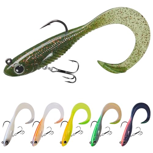 TRUSCEND Duramax TPE Soft Fishing Lures with BKK Hooks, Easy Catch Curly & T-Tail for Trembly Sinking & Vibrating Swim, UV or Glow Effect for All Conditions, Pre-rigged Swimbait for Bass Trout Crappie - color: A2-3.5"-3/8oz