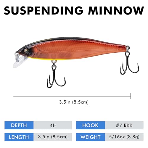 TRUSCEND Suspending Jerkbait, Rattle Minnow Lures with BKK Hooks, Freshwater Bass Trout Striper Walleye Pike Fishing Lures, Variety Pack for All Water Conditions, Premium Fishing Gear and Gifts - color: A1-3.5",0.3oz